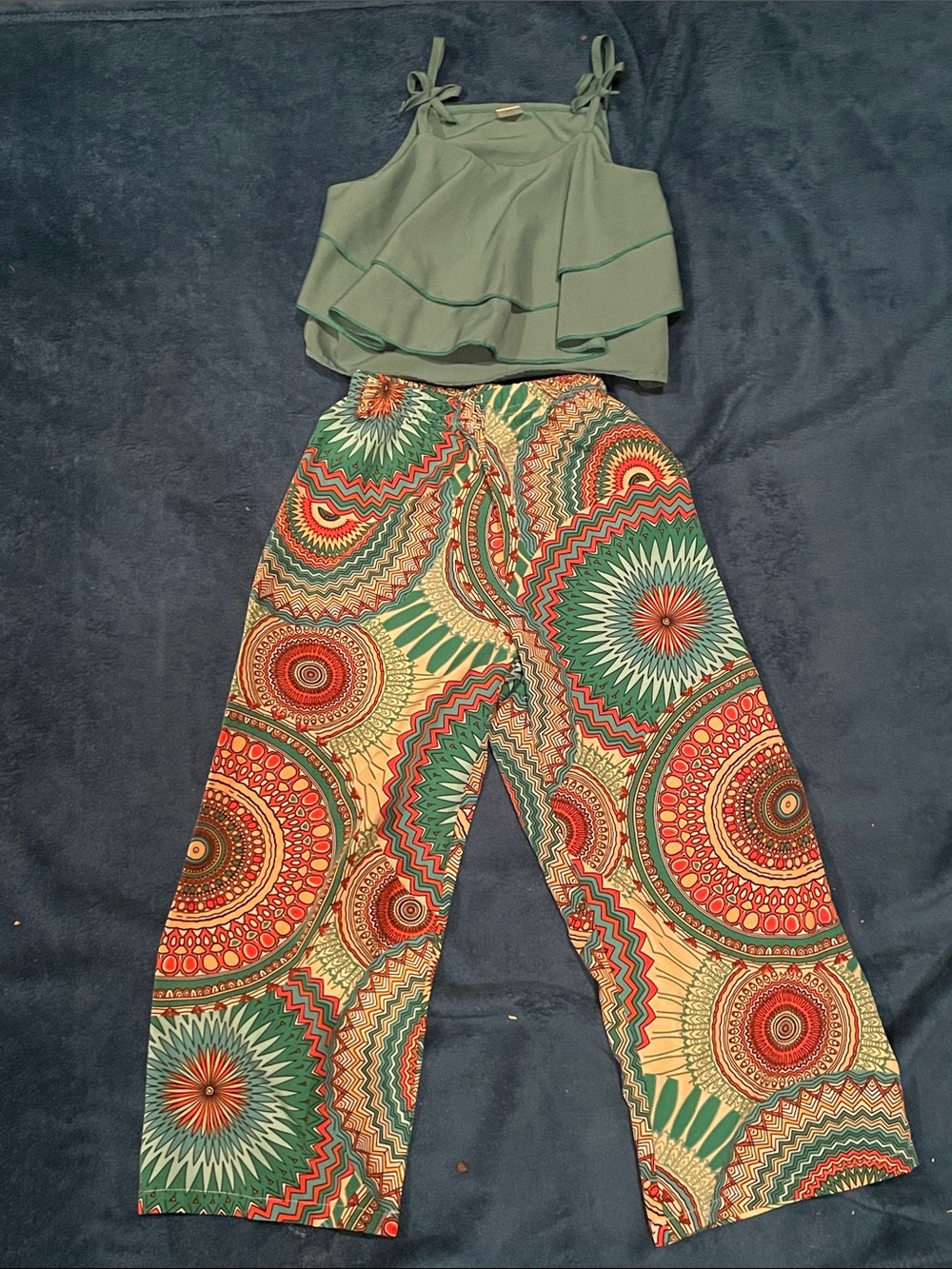 Green Ruffle Cami Top with Multicolor Printed Wide-Leg Pants Set